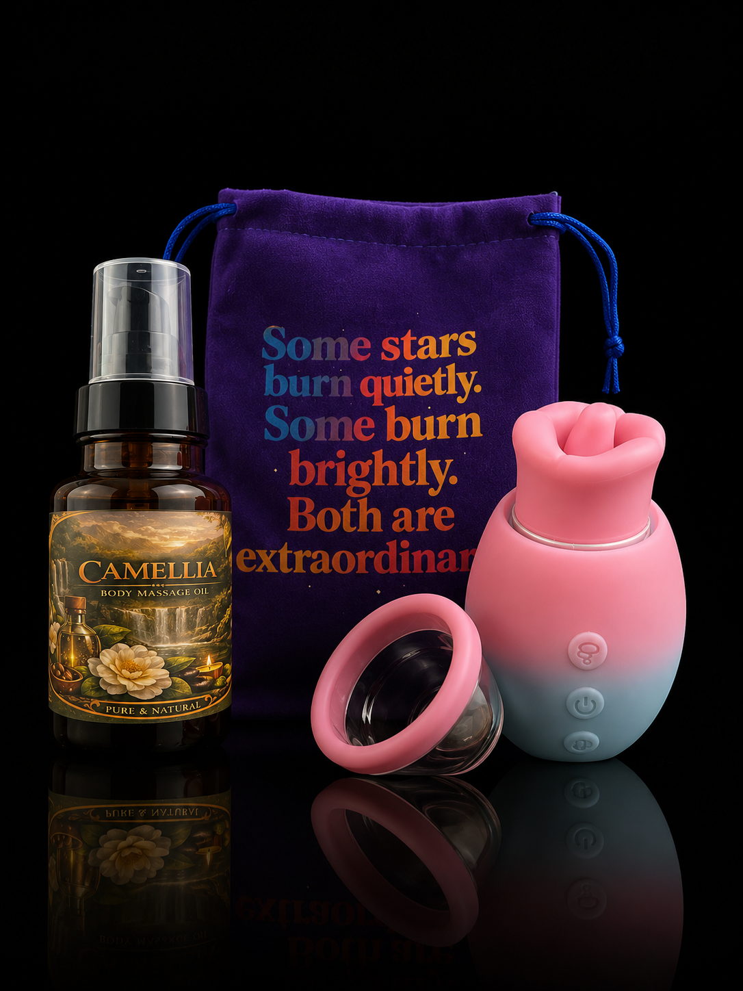 Bliss Self-Care Ritual Set,Rechargeable Personal Wellness Suction Massager,Camellia Body Oil & Inspirational Velvet Pouch — Gift Set