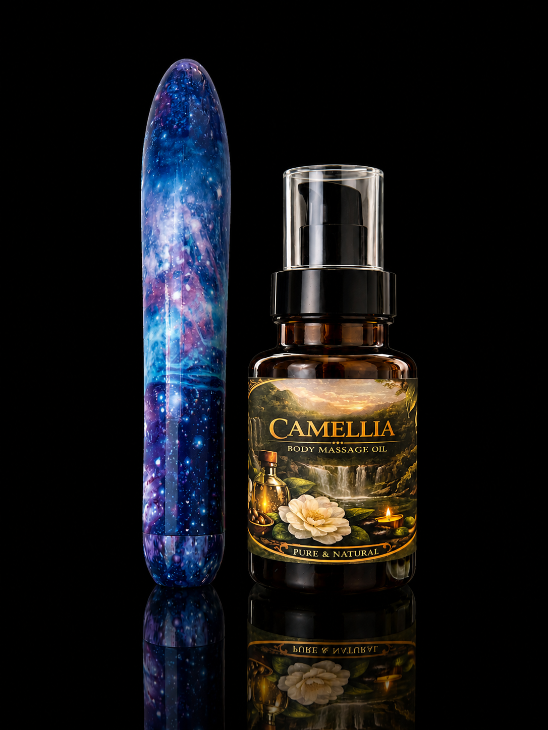Bliss Self-Care Gift Set,Cosmic Portable Massager,Camellia Massage Oil & Inspirational Velvet Pouch