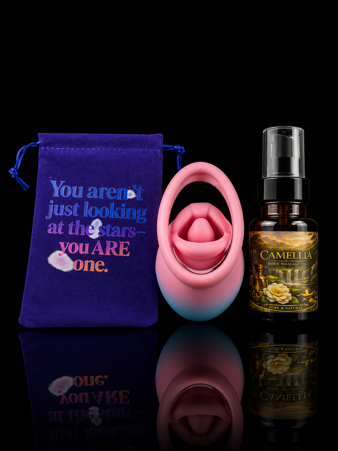 Bliss Self-Care Ritual Set,Rechargeable Personal Wellness Suction Massager,Camellia Body Oil & Inspirational Velvet Pouch — Gift Set