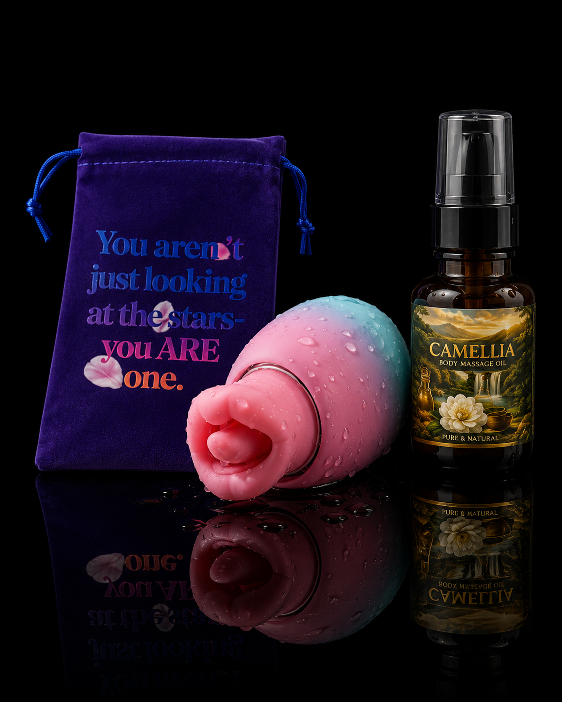 Bliss Self-Care Ritual Set,Rechargeable Personal Wellness Suction Massager,Camellia Body Oil & Inspirational Velvet Pouch — Gift Set