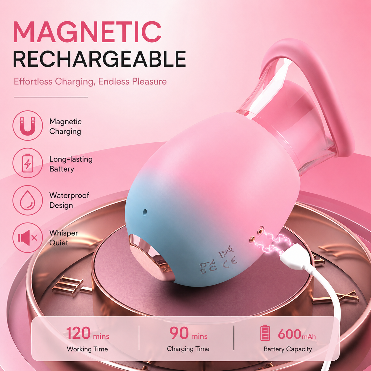 Rechargeable Personal Wellness Suction Massager With Soft Flexible Tip- Gradient Pink
