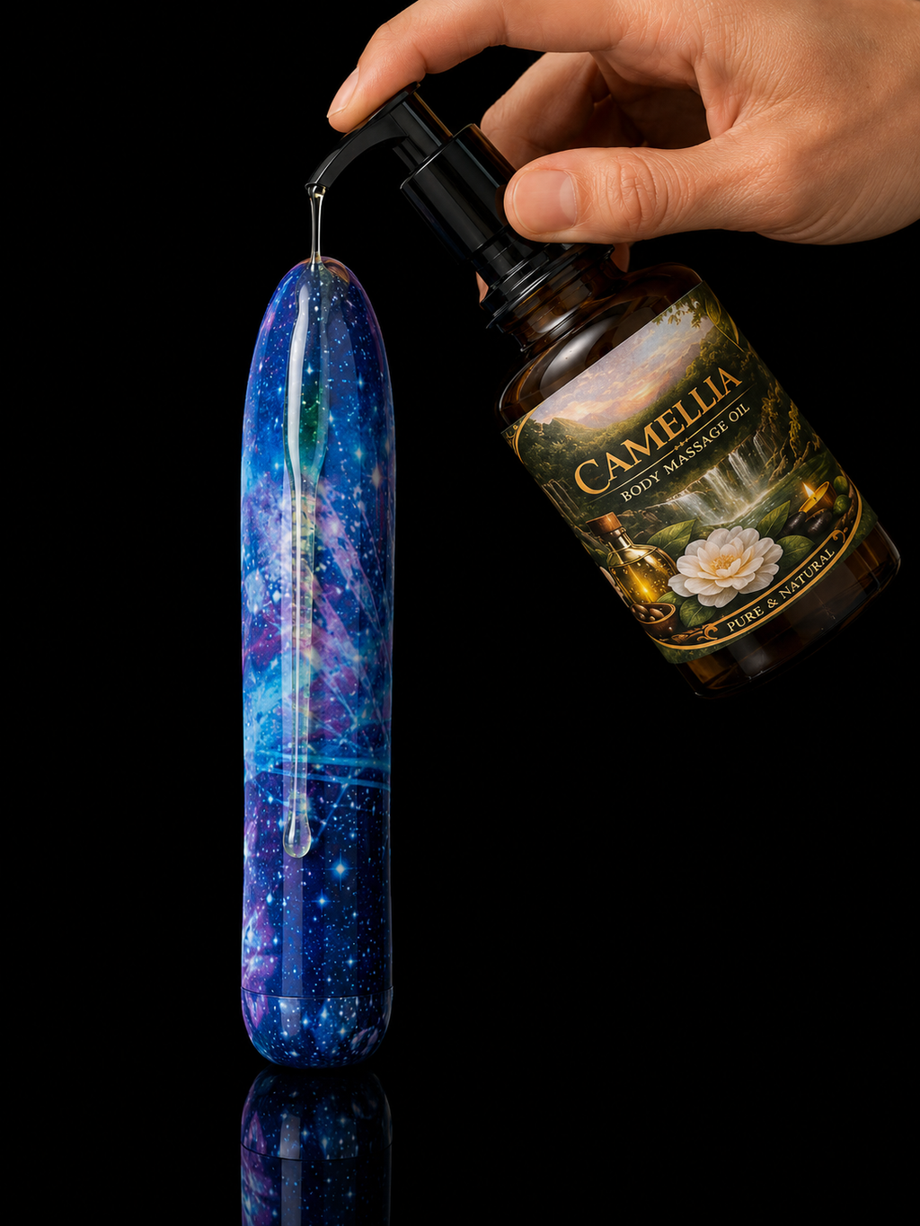 Bliss Self-Care Gift Set,Cosmic Portable Massager,Camellia Massage Oil & Inspirational Velvet Pouch