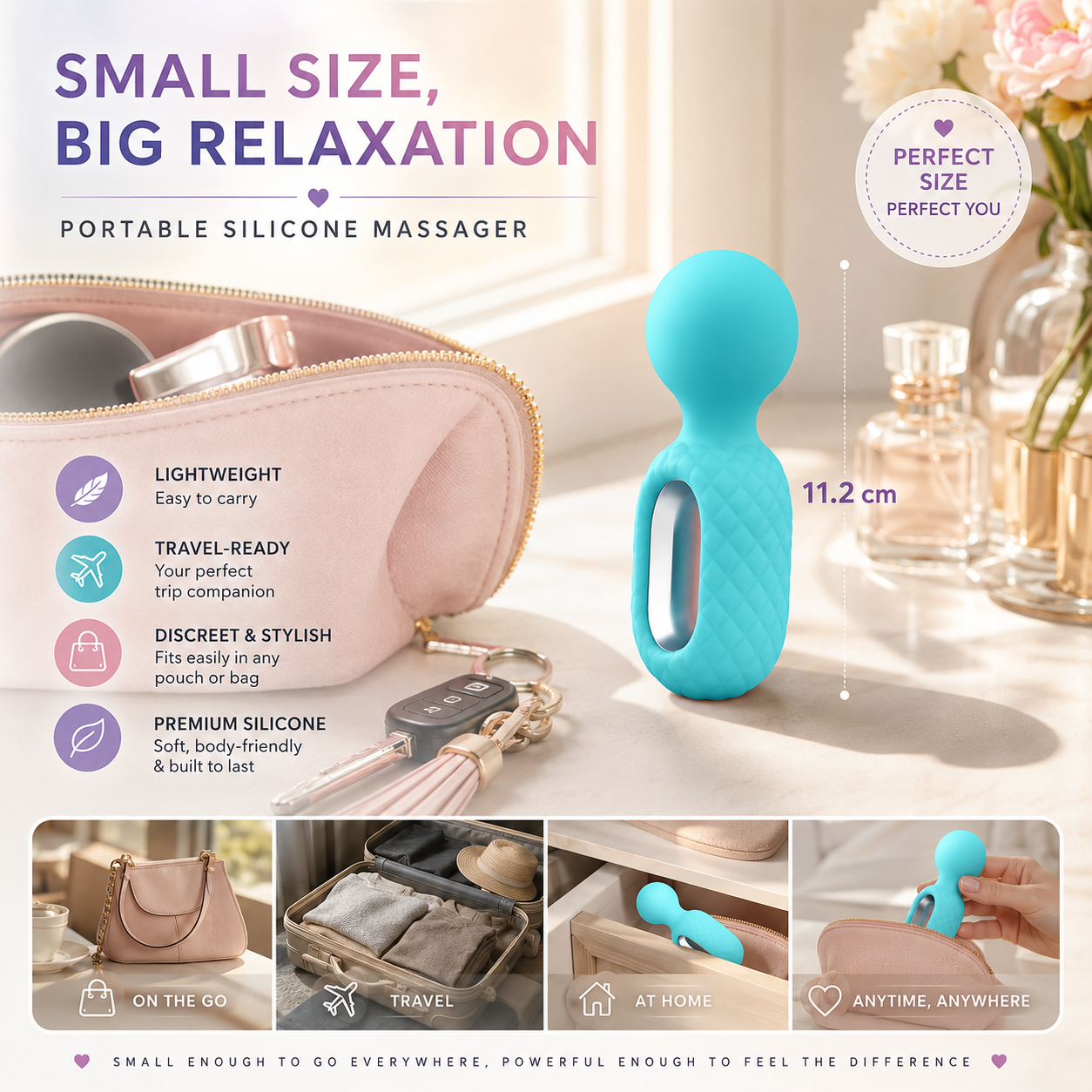 Premium Silicone Portable Mini Handheld Massage Wand - Rechargeable Wellness Powerful Small Massager