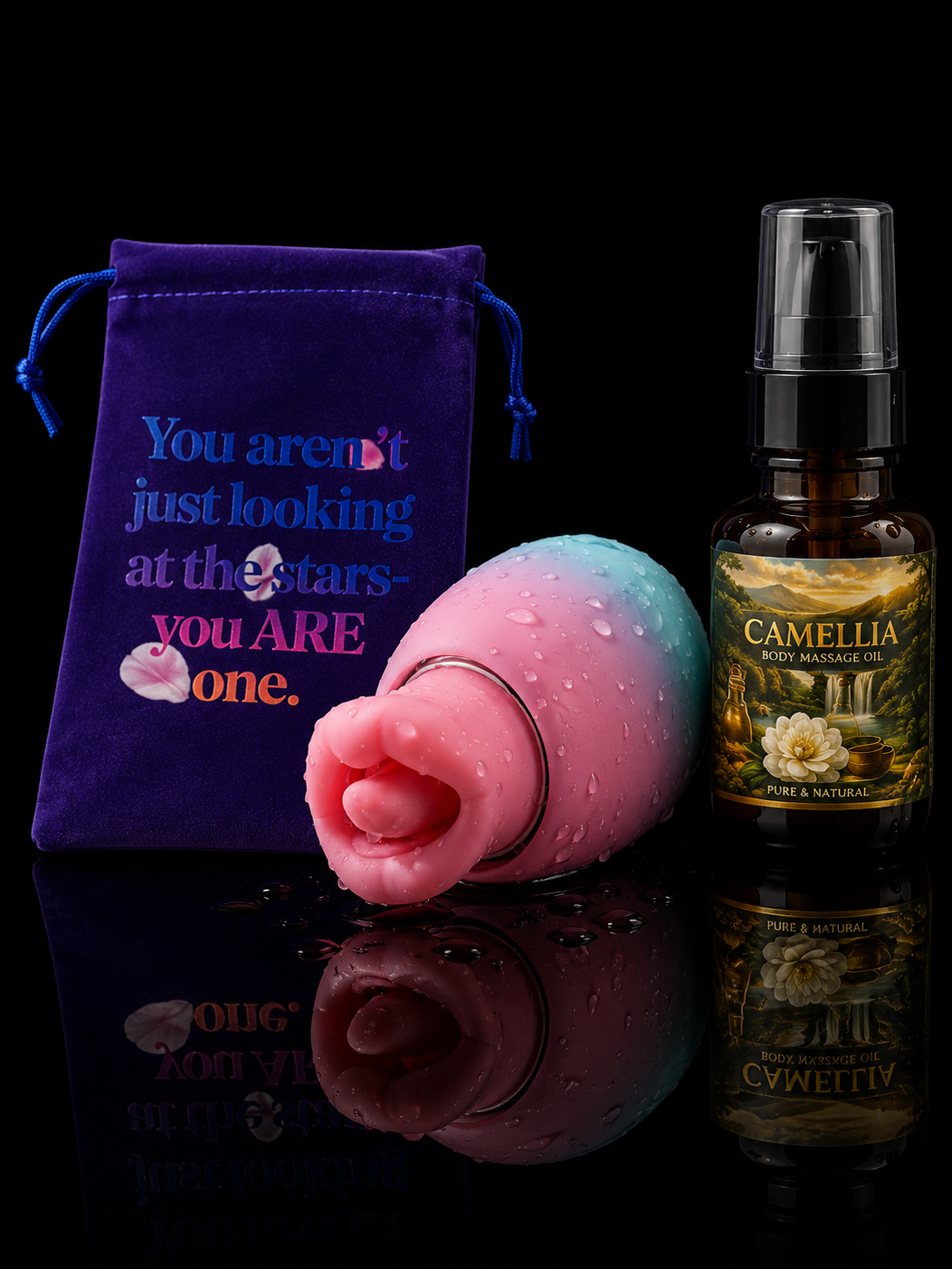 Bliss Self-Care Ritual Set,Rechargeable Personal Wellness Suction Massager,Camellia Body Oil & Inspirational Velvet Pouch — Gift Set