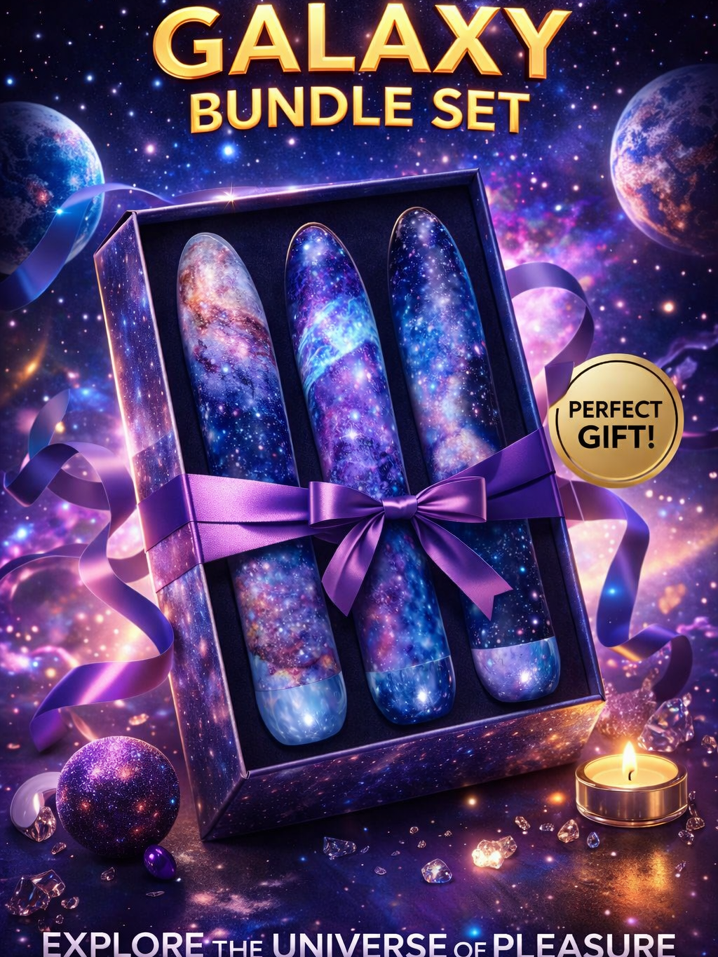 Perfect Gift - Bundle Set 3 Pieces Collectible Cosmic Personal Handheld Massager – Galaxy Design Unique Self-Care Gift With Velvet Storage Bag